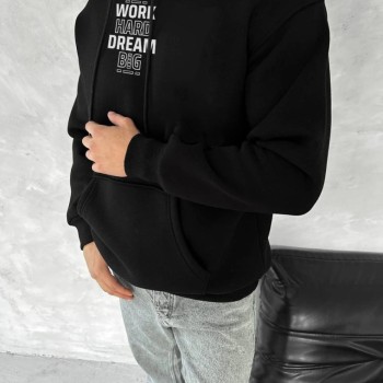 Erkek Kapüşonlu Kanguru Cepli Sweatshirt 3 İplik Pamuklu Baskılı Hoodie - Siyah