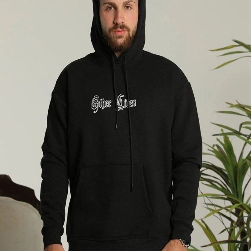 Erkek Kapüşonlu Kanguru Cepli Sweatshirt 3 İplik Pamuklu Baskılı Hoodie - Siyah