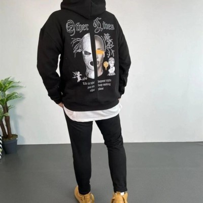 Erkek Kapüşonlu Kanguru Cepli Sweatshirt 3 İplik Pamuklu Baskılı Hoodie - Siyah