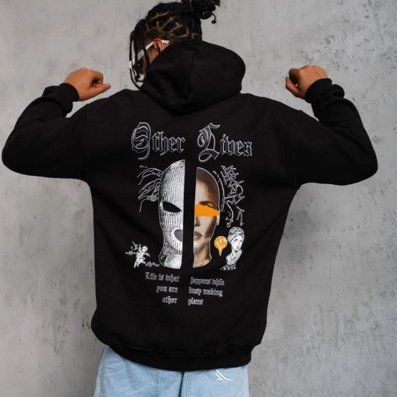 Erkek Kapüşonlu Kanguru Cepli Sweatshirt 3 İplik Pamuklu Baskılı Hoodie - Siyah