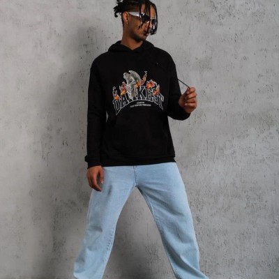 Erkek Kapüşonlu Kanguru Cepli Sweatshirt 3 İplik Pamuklu Baskılı Hoodie - Siyah