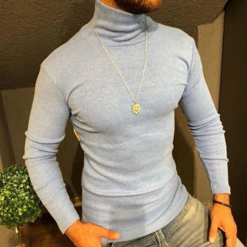 Erkek Kaşkorse Boğazlı Full Likralı Fitilli Body Kazak - Gri
