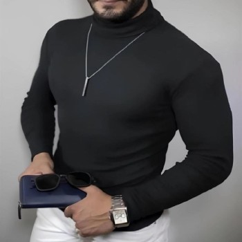 Erkek Kaşkorse Boğazlı Full Likralı Fitilli Body Kazak - Siyah