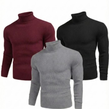 Erkek Kaşkorse Boğazlı Likralı Fitilli Slim Fit Body 3'lü Set Siyah-Bordo-Gri