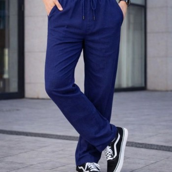 Erkek Keten Cepli Çıma Dikişli jogger Buggy Pantalon Rahat kalıp - Lacivert
