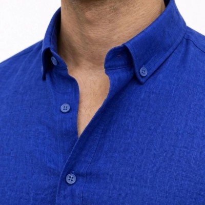 Erkek KETEN Kumaş Oversize Uzun Kollu Rahat Kalıp Gömlek - Saks Mavisi
