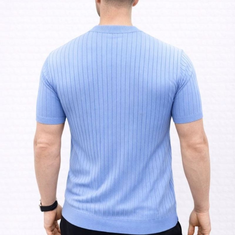 Erkek Kısa Kol Fitilli Triko T-Shirt Yazlık Hakim Yaka Tişört - Bebek Mavisi