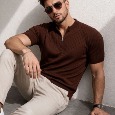 Erkek Kısa Kol Fitilli Triko T-Shirt Yazlık Hakim Yaka Tişört - Kahverengi