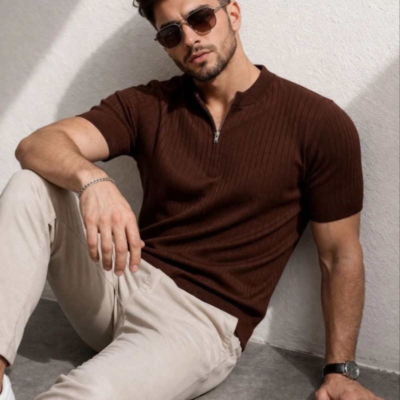 Erkek Kısa Kol Fitilli Triko T-Shirt Yazlık Hakim Yaka Tişört - Kahverengi