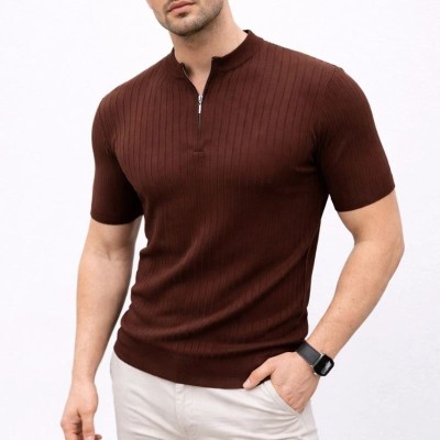 Erkek Kısa Kol Fitilli Triko T-Shirt Yazlık Hakim Yaka Tişört - Kahverengi