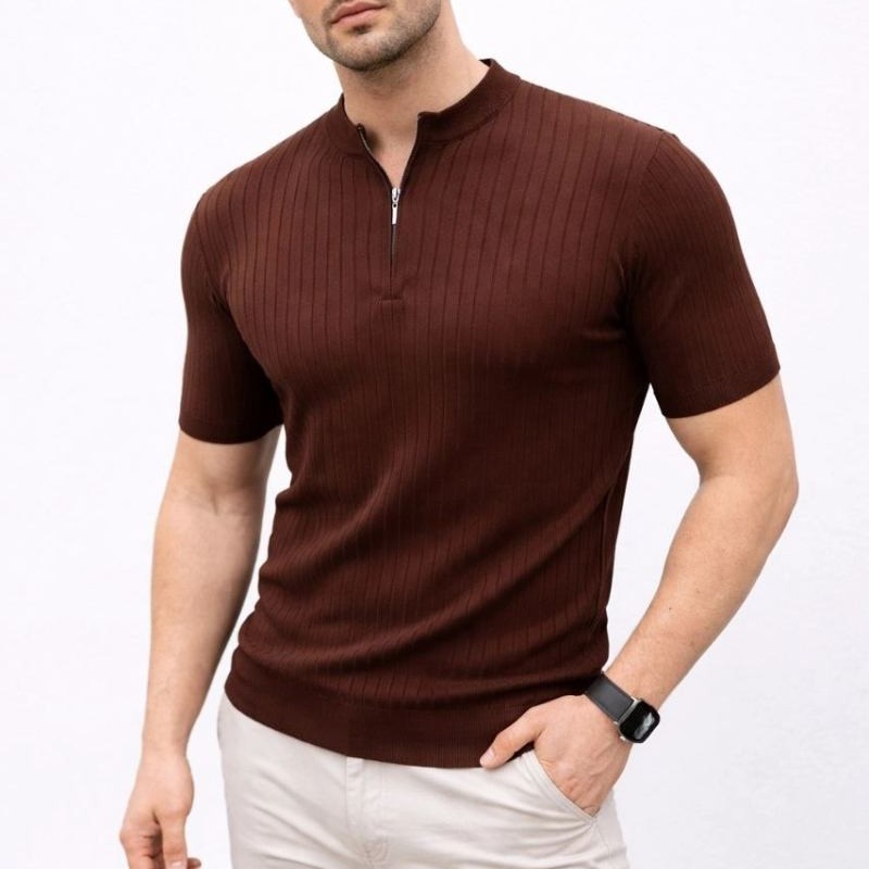 Erkek Kısa Kol Fitilli Triko T-Shirt Yazlık Hakim Yaka Tişört - Kahverengi