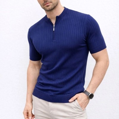 Erkek Kısa Kol Fitilli Triko T-Shirt Yazlık Hakim Yaka Tişört - Lacivert