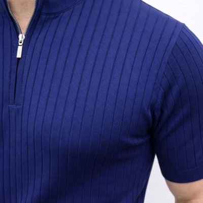 Erkek Kısa Kol Fitilli Triko T-Shirt Yazlık Hakim Yaka Tişört - Lacivert