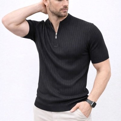 Erkek Kısa Kol Fitilli Triko T-Shirt Yazlık Hakim Yaka Tişört - Siyah