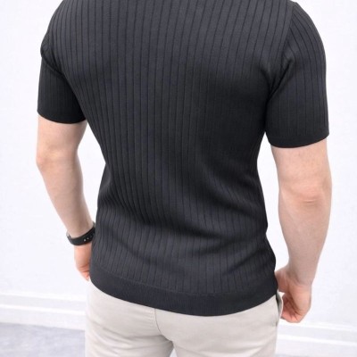 Erkek Kısa Kol Fitilli Triko T-Shirt Yazlık Hakim Yaka Tişört - Siyah