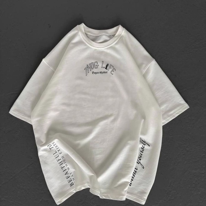 Erkek Kısa Kol Tişört Bisiklet Yaka Filistin Poşulu Baskılı T-Shirt - Beyaz