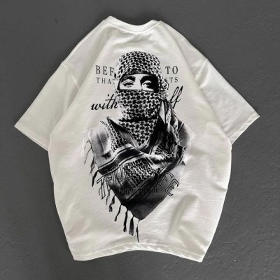 Erkek Kısa Kol Tişört Bisiklet Yaka Filistin Poşulu Baskılı T-Shirt - Beyaz