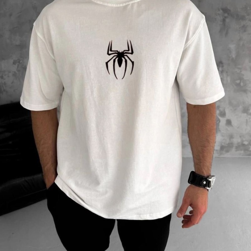Erkek Kısa Kol Tişört Bisiklet Yaka ÖRÜMCEK Baskılı Oversize T-Shirt - Beyaz Erkek Kısa Kol Tişört Bisiklet Yaka ÖRÜMCEK Baskılı Oversize T-Shirt - Beyaz