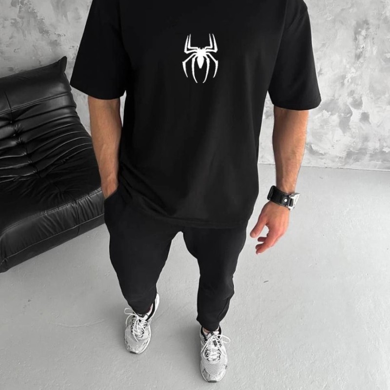 Erkek Kısa Kol Tişört Bisiklet Yaka ÖRÜMCEK Baskılı Oversize T-Shirt - Siyah Erkek Kısa Kol Tişört Bisiklet Yaka ÖRÜMCEK Baskılı Oversize T-Shirt - Siyah