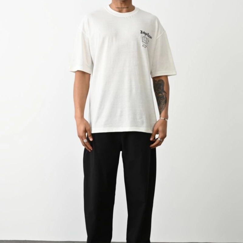 Erkek Kısa Kol Yazlık Tişört Bisiklet Yaka Baskılı Oversize T-Shirt - Beyaz Erkek Kısa Kol Yazlık Tişört Bisiklet Yaka Baskılı Oversize T-Shirt - Beyaz
