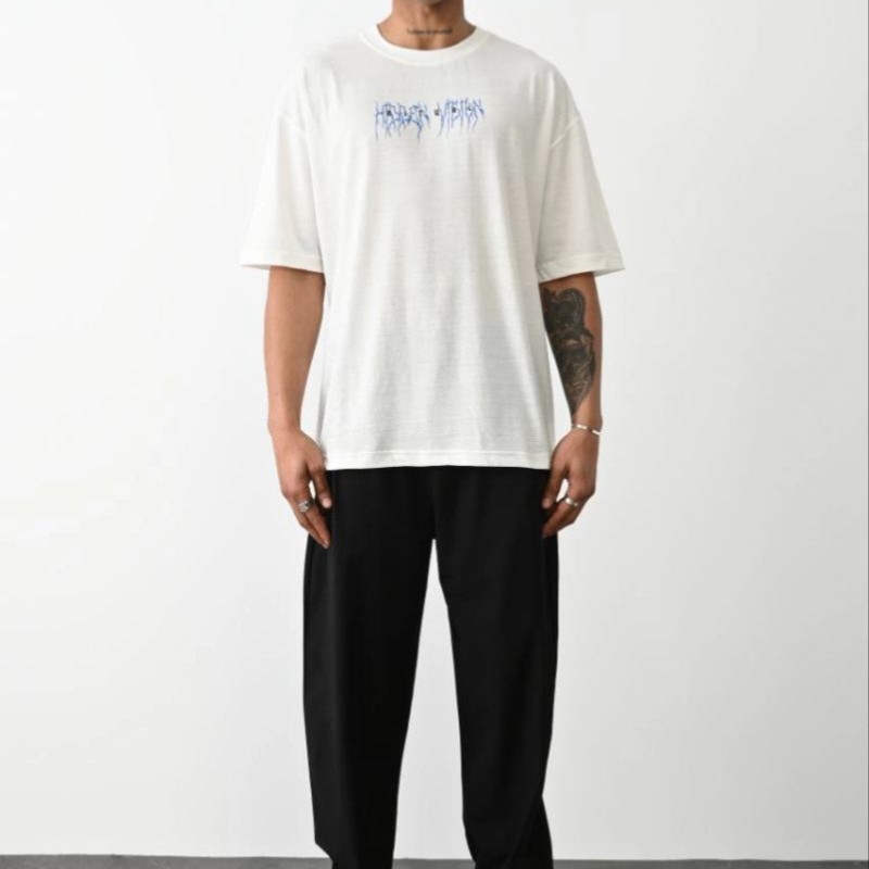 Erkek Kısa Kol Yazlık Tişört Bisiklet Yaka Baskılı Oversize T-Shirt - Beyaz Erkek Kısa Kol Yazlık Tişört Bisiklet Yaka Baskılı Oversize T-Shirt - Beyaz