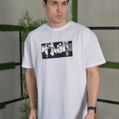Erkek Kısa Kol Yazlık Tişört Bisiklet Yaka Baskılı Oversize T-Shirt - Beyaz Erkek Kısa Kol Yazlık Tişört Bisiklet Yaka Baskılı Oversize T-Shirt - Beyaz