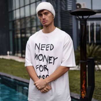 Erkek Kısa Kol Yazlık Tişört Bisiklet Yaka Baskılı Oversize T-Shirt - Beyaz