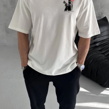 Erkek Kısa Kol Yazlık Tişört Bisiklet Yaka Baskılı Oversize T-Shirt - Beyaz Erkek Kısa Kol Yazlık Tişört Bisiklet Yaka Baskılı Oversize T-Shirt - Beyaz
