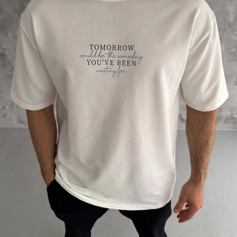 Erkek Kısa Kol Yazlık Tişört Bisiklet Yaka Baskılı Oversize T-Shirt - Beyaz Erkek Kısa Kol Yazlık Tişört Bisiklet Yaka Baskılı Oversize T-Shirt - Beyaz