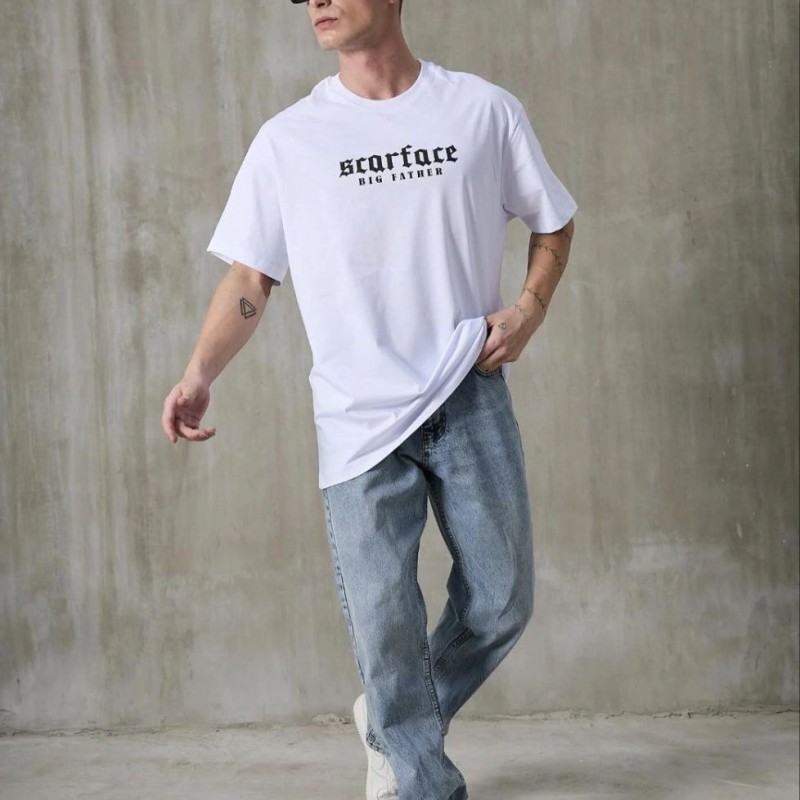 Erkek Kısa Kol Yazlık Tişört Bisiklet Yaka Baskılı Oversize T-Shirt - Beyaz Erkek Kısa Kol Yazlık Tişört Bisiklet Yaka Baskılı Oversize T-Shirt - Beyaz