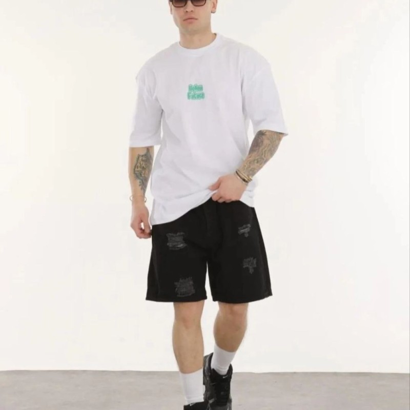 Erkek Kısa Kol Yazlık Tişört Bisiklet Yaka Baskılı Oversize T-Shirt - Beyaz