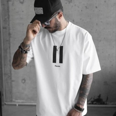 Erkek Kısa Kol Yazlık Tişört Bisiklet Yaka Baskılı Oversize T-Shirt - Beyaz Erkek Kısa Kol Yazlık Tişört Bisiklet Yaka Baskılı Oversize T-Shirt - Beyaz