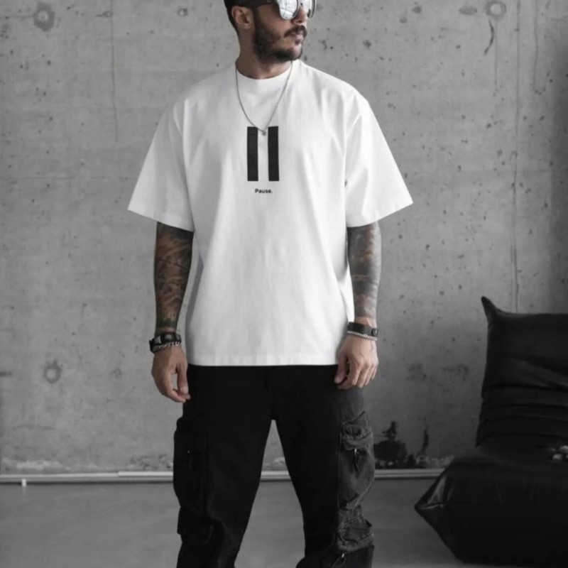 Erkek Kısa Kol Yazlık Tişört Bisiklet Yaka Baskılı Oversize T-Shirt - Beyaz Erkek Kısa Kol Yazlık Tişört Bisiklet Yaka Baskılı Oversize T-Shirt - Beyaz