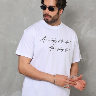 Erkek Kısa Kol Yazlık Tişört Bisiklet Yaka Baskılı Oversize T-Shirt - Beyaz Erkek Kısa Kol Yazlık Tişört Bisiklet Yaka Baskılı Oversize T-Shirt - Beyaz