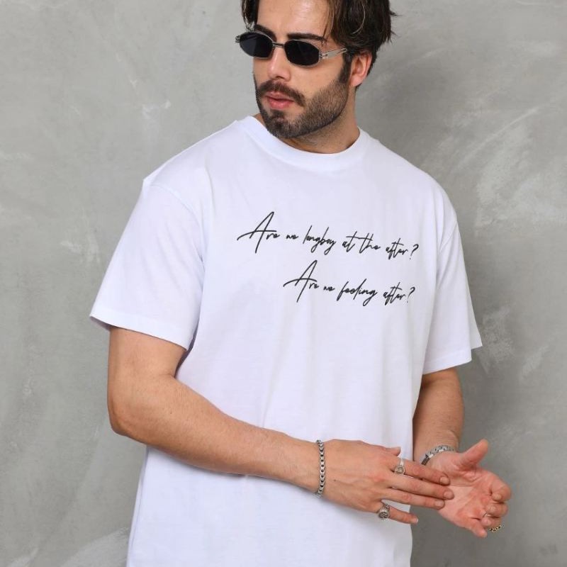 Erkek Kısa Kol Yazlık Tişört Bisiklet Yaka Baskılı Oversize T-Shirt - Beyaz Erkek Kısa Kol Yazlık Tişört Bisiklet Yaka Baskılı Oversize T-Shirt - Beyaz