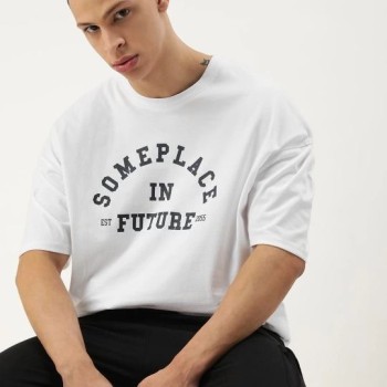 Erkek Kısa Kol Yazlık Tişört Bisiklet Yaka Baskılı Oversize T-Shirt - Beyaz