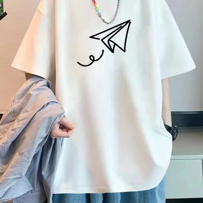 Erkek Kısa Kol Yazlık Tişört Bisiklet Yaka Baskılı Oversize T-Shirt - Beyaz