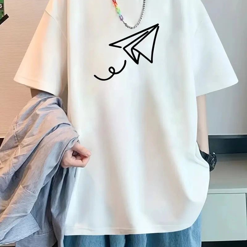 Erkek Kısa Kol Yazlık Tişört Bisiklet Yaka Baskılı Oversize T-Shirt - Beyaz
