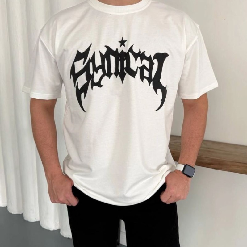 Erkek Kısa Kol Yazlık Tişört Bisiklet Yaka Baskılı Oversize T-Shirt - Beyaz