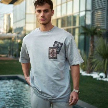 Erkek Kısa Kol Yazlık Tişört Bisiklet Yaka Baskılı Oversize T-Shirt - Boyalı Gri Erkek Kısa Kol Yazlık Tişört Bisiklet Yaka Baskılı Oversize T-Shirt - Boyalı Gri