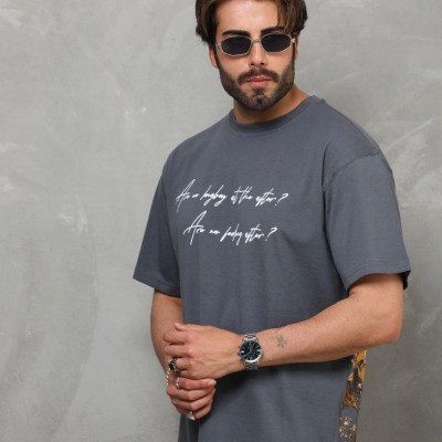 Erkek Kısa Kol Yazlık Tişört Bisiklet Yaka Baskılı Oversize T-Shirt - Füme Erkek Kısa Kol Yazlık Tişört Bisiklet Yaka Baskılı Oversize T-Shirt - Füme
