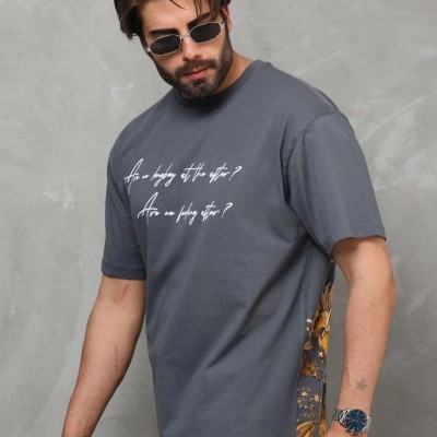 Erkek Kısa Kol Yazlık Tişört Bisiklet Yaka Baskılı Oversize T-Shirt - Füme Erkek Kısa Kol Yazlık Tişört Bisiklet Yaka Baskılı Oversize T-Shirt - Füme
