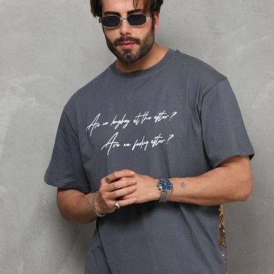 Erkek Kısa Kol Yazlık Tişört Bisiklet Yaka Baskılı Oversize T-Shirt - Füme Erkek Kısa Kol Yazlık Tişört Bisiklet Yaka Baskılı Oversize T-Shirt - Füme