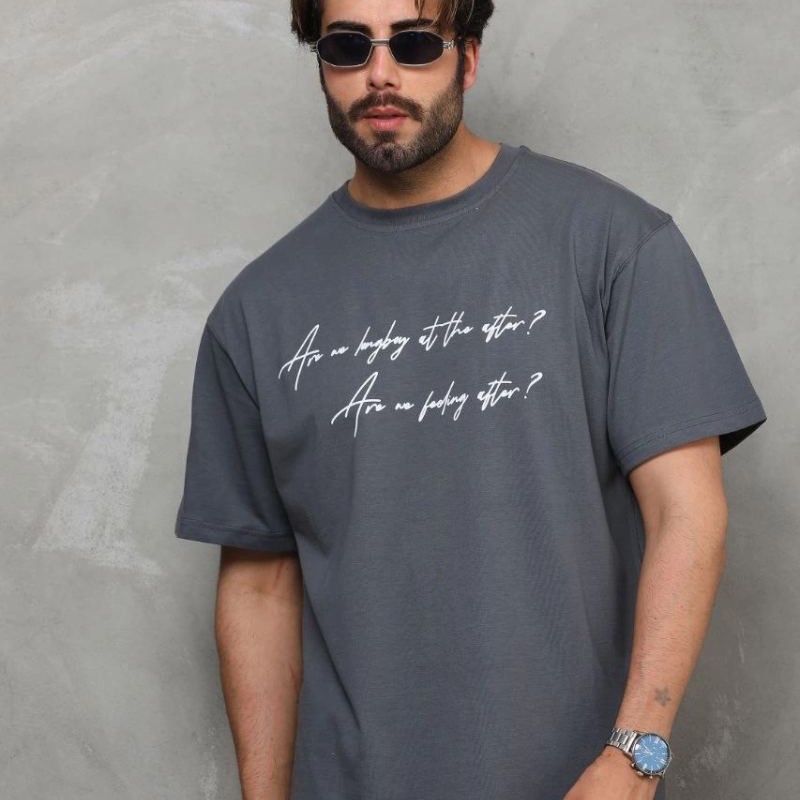 Erkek Kısa Kol Yazlık Tişört Bisiklet Yaka Baskılı Oversize T-Shirt - Füme Erkek Kısa Kol Yazlık Tişört Bisiklet Yaka Baskılı Oversize T-Shirt - Füme