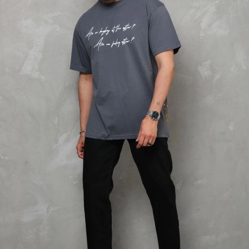 Erkek Kısa Kol Yazlık Tişört Bisiklet Yaka Baskılı Oversize T-Shirt - Füme Erkek Kısa Kol Yazlık Tişört Bisiklet Yaka Baskılı Oversize T-Shirt - Füme