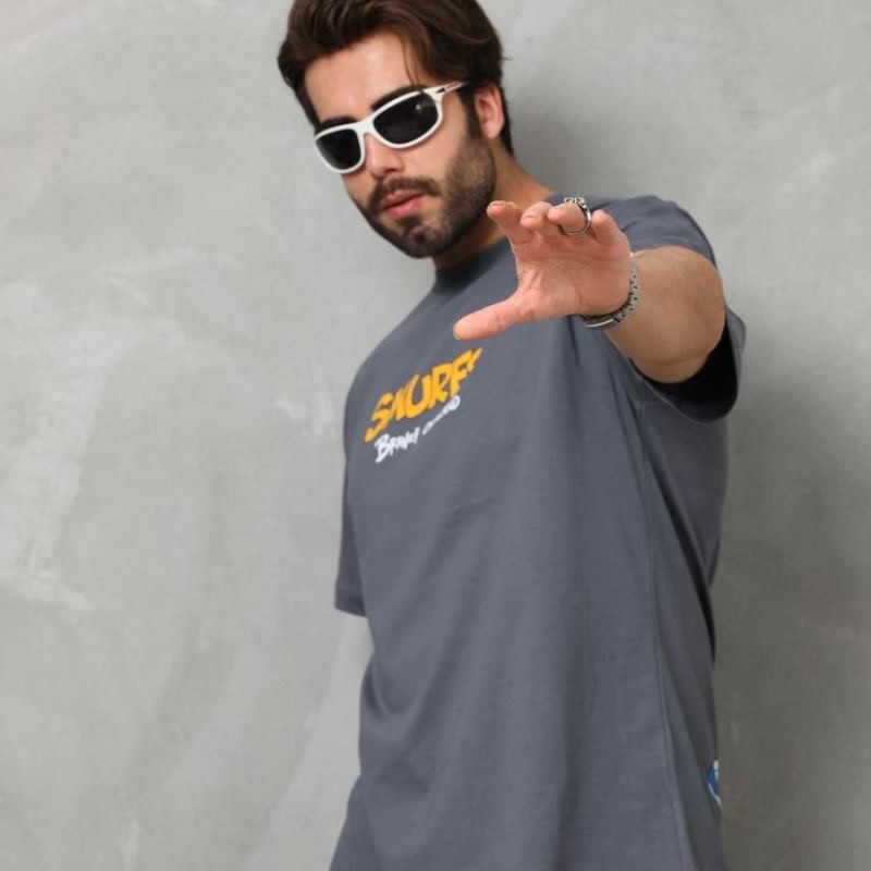 Erkek Kısa Kol Yazlık Tişört Bisiklet Yaka Baskılı Oversize T-Shirt - Füme Erkek Kısa Kol Yazlık Tişört Bisiklet Yaka Baskılı Oversize T-Shirt - Füme