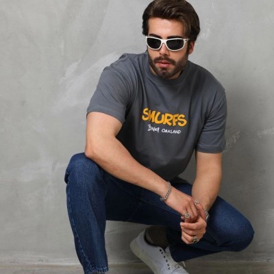 Erkek Kısa Kol Yazlık Tişört Bisiklet Yaka Baskılı Oversize T-Shirt - Füme Erkek Kısa Kol Yazlık Tişört Bisiklet Yaka Baskılı Oversize T-Shirt - Füme