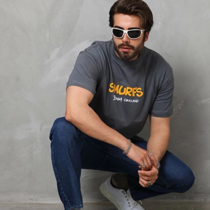 Erkek Kısa Kol Yazlık Tişört Bisiklet Yaka Baskılı Oversize T-Shirt - Füme Erkek Kısa Kol Yazlık Tişört Bisiklet Yaka Baskılı Oversize T-Shirt - Füme