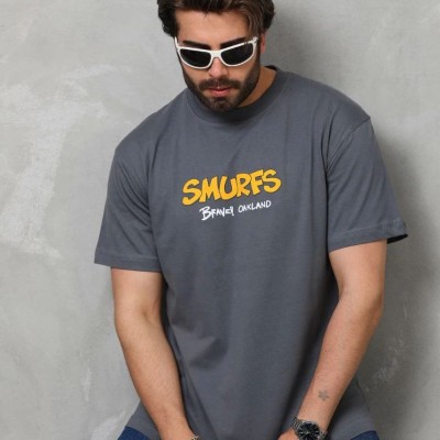 Erkek Kısa Kol Yazlık Tişört Bisiklet Yaka Baskılı Oversize T-Shirt - Füme Erkek Kısa Kol Yazlık Tişört Bisiklet Yaka Baskılı Oversize T-Shirt - Füme