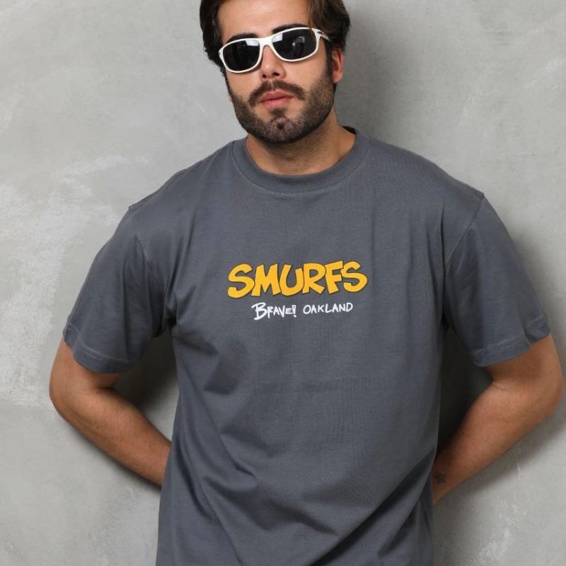 Erkek Kısa Kol Yazlık Tişört Bisiklet Yaka Baskılı Oversize T-Shirt - Füme Erkek Kısa Kol Yazlık Tişört Bisiklet Yaka Baskılı Oversize T-Shirt - Füme